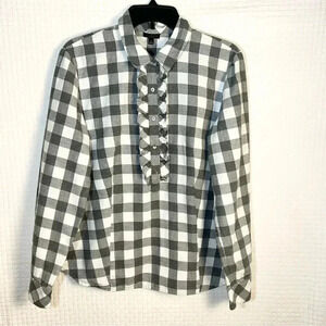 Talbots Shirt Sz 14 Popover Check Ruffle Blouse Cotton Metallic RUNS SMALL Gray